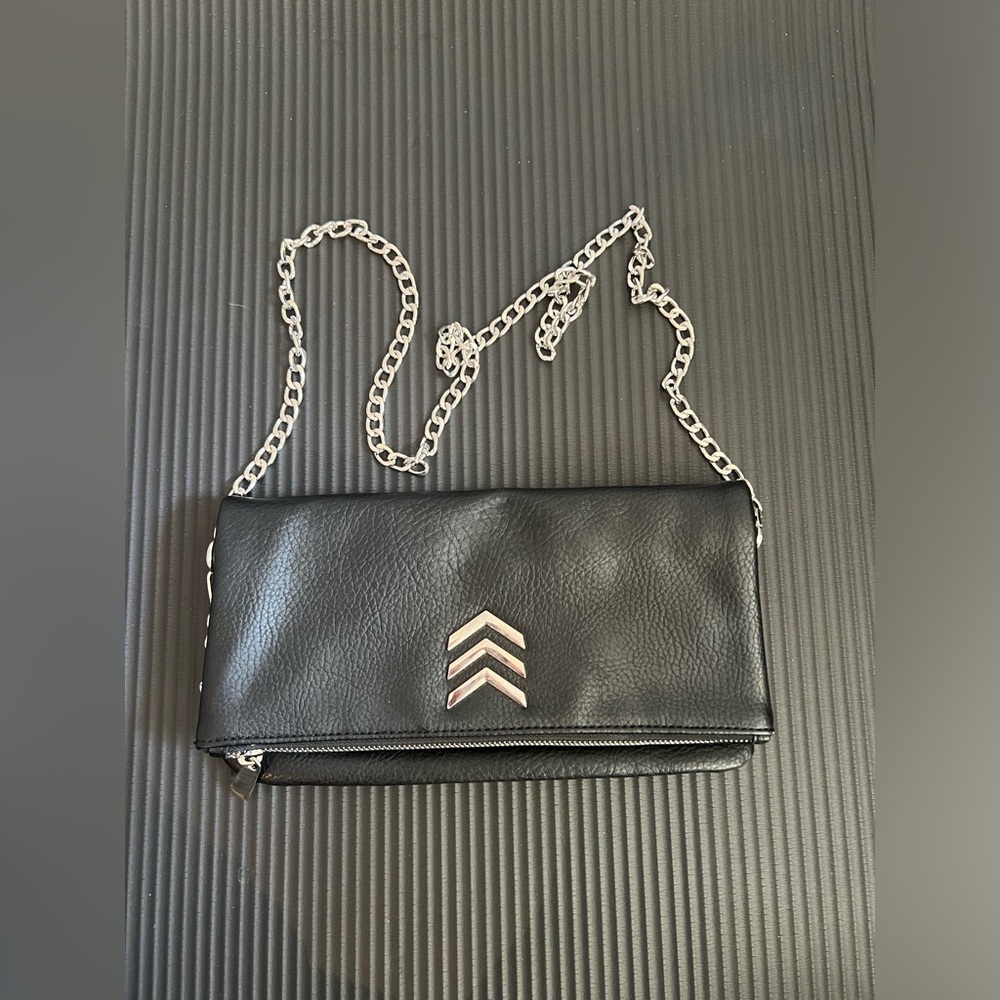 Express Black Silver Foldover Silver Magnet Purse Clutch Crossbody Bag